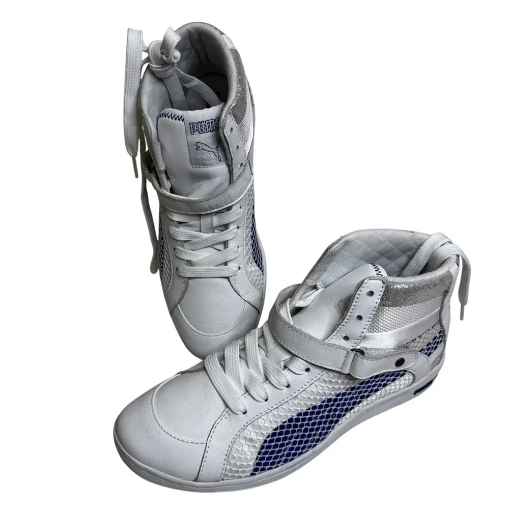 PUMA HI-TOP THE KEY WHITE SURF THE WEB BLUE WHITE WOMENS SNEAKERS SIZE 7.5 NWOT
